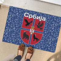 Serbia Rubber Doormat with Royal Animal Crest and Tulip Floral Blue Background