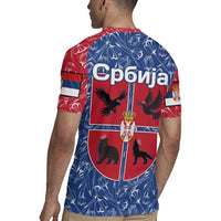 Serbia Rugby Jersey with Royal Animal Crest and Tulip Floral Blue Background