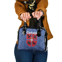 Serbia Shoulder Handbag with Royal Animal Crest and Tulip Floral Blue Background
