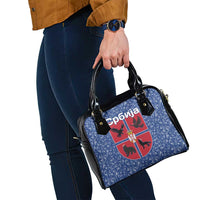 Serbia Shoulder Handbag with Royal Animal Crest and Tulip Floral Blue Background