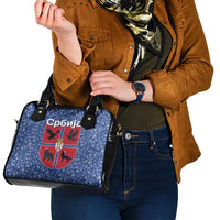 Serbia Shoulder Handbag with Royal Animal Crest and Tulip Floral Blue Background