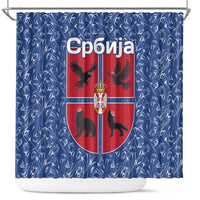 Serbia Shower Curtain with Royal Animal Crest and Tulip Floral Blue Background