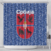 Serbia Shower Curtain with Royal Animal Crest and Tulip Floral Blue Background