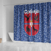 Serbia Shower Curtain with Royal Animal Crest and Tulip Floral Blue Background