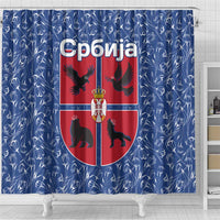 Serbia Shower Curtain with Royal Animal Crest and Tulip Floral Blue Background