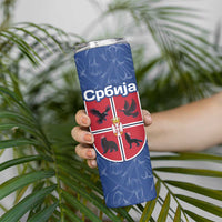 Serbia Skinny Tumbler with Royal Animal Crest and Tulip Floral Blue Background