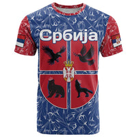 Serbia T Shirt with Royal Animal Crest and Tulip Floral Blue Background