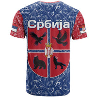 Serbia T Shirt with Royal Animal Crest and Tulip Floral Blue Background