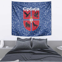 Serbia Tapestry with Royal Animal Crest and Tulip Floral Blue Background