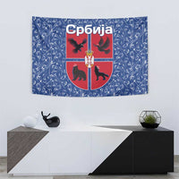 Serbia Tapestry with Royal Animal Crest and Tulip Floral Blue Background