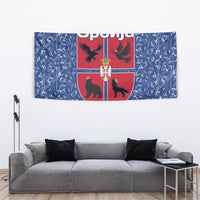 Serbia Tapestry with Royal Animal Crest and Tulip Floral Blue Background