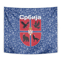 Serbia Tapestry with Royal Animal Crest and Tulip Floral Blue Background