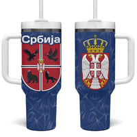 Serbia Tumbler With Handle with Royal Animal Crest and Tulip Floral Blue Background