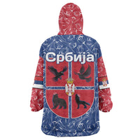 Serbia Wearable Blanket Hoodie with Royal Animal Crest and Tulip Floral Blue Background