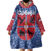 Serbia Wearable Blanket Hoodie with Royal Animal Crest and Tulip Floral Blue Background