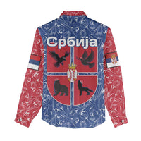 Serbia Women Casual Shirt with Royal Animal Crest and Tulip Floral Blue Background