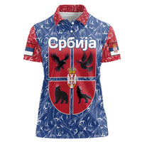 Serbia Women Polo Shirt with Royal Animal Crest and Tulip Floral Blue Background