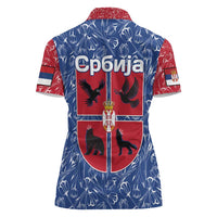 Serbia Women Polo Shirt with Royal Animal Crest and Tulip Floral Blue Background