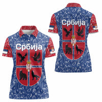 Serbia Women Polo Shirt with Royal Animal Crest and Tulip Floral Blue Background