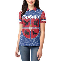Serbia Women Polo Shirt with Royal Animal Crest and Tulip Floral Blue Background
