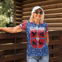 Serbia Women Polo Shirt with Royal Animal Crest and Tulip Floral Blue Background
