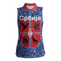 Serbia Women Sleeveless Polo Shirt with Royal Animal Crest and Tulip Floral Blue Background