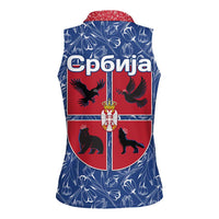 Serbia Women Sleeveless Polo Shirt with Royal Animal Crest and Tulip Floral Blue Background