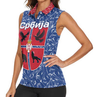 Serbia Women Sleeveless Polo Shirt with Royal Animal Crest and Tulip Floral Blue Background