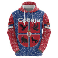 Serbia Zip Hoodie with Royal Animal Crest and Tulip Floral Blue Background