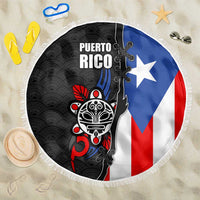 Puerto Rico Beach Blanket with Tribal Sun Symbol and Flag Color Block Design