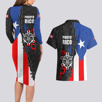 Puerto Rico Couples Matching Long Sleeve Bodycon Dress and Hawaiian Shirt with Tribal Sun Symbol and Flag Color Block Design