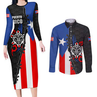 Puerto Rico Couples Matching Long Sleeve Bodycon Dress and Long Sleeve Button Shirt with Tribal Sun Symbol and Flag Color Block Design