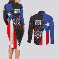 Puerto Rico Couples Matching Long Sleeve Bodycon Dress and Long Sleeve Button Shirt with Tribal Sun Symbol and Flag Color Block Design