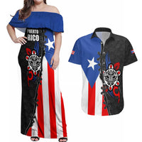 Puerto Rico Couples Matching Off Shoulder Maxi Dress and Hawaiian Shirt with Tribal Sun Symbol and Flag Color Block Design