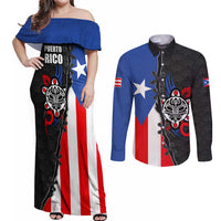 Puerto Rico Couples Matching Off Shoulder Maxi Dress and Long Sleeve Button Shirt with Tribal Sun Symbol and Flag Color Block Design
