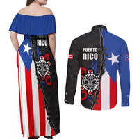 Puerto Rico Couples Matching Off Shoulder Maxi Dress and Long Sleeve Button Shirt with Tribal Sun Symbol and Flag Color Block Design