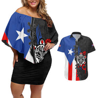 Puerto Rico Couples Matching Off Shoulder Short Dress and Hawaiian Shirt with Tribal Sun Symbol and Flag Color Block Design