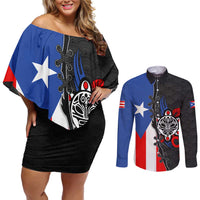 Puerto Rico Couples Matching Off Shoulder Short Dress and Long Sleeve Button Shirt with Tribal Sun Symbol and Flag Color Block Design