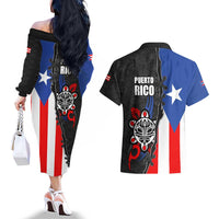 Puerto Rico Couples Matching Off The Shoulder Long Sleeve Dress and Hawaiian Shirt with Tribal Sun Symbol and Flag Color Block Design