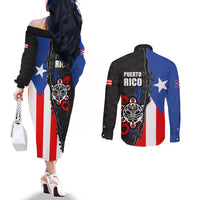 Puerto Rico Couples Matching Off The Shoulder Long Sleeve Dress and Long Sleeve Button Shirt with Tribal Sun Symbol and Flag Color Block Design