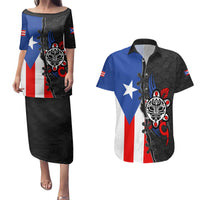 Puerto Rico Couples Matching Puletasi and Hawaiian Shirt with Tribal Sun Symbol and Flag Color Block Design