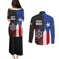 Puerto Rico Couples Matching Puletasi and Long Sleeve Button Shirt with Tribal Sun Symbol and Flag Color Block Design