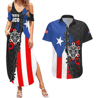 Puerto Rico Couples Matching Summer Maxi Dress and Hawaiian Shirt with Tribal Sun Symbol and Flag Color Block Design