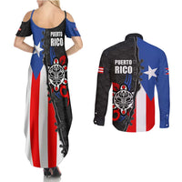 Puerto Rico Couples Matching Summer Maxi Dress and Long Sleeve Button Shirt with Tribal Sun Symbol and Flag Color Block Design