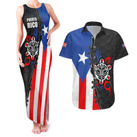 Puerto Rico Couples Matching Tank Maxi Dress and Hawaiian Shirt with Tribal Sun Symbol and Flag Color Block Design