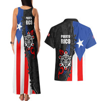 Puerto Rico Couples Matching Tank Maxi Dress and Hawaiian Shirt with Tribal Sun Symbol and Flag Color Block Design