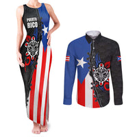 Puerto Rico Couples Matching Tank Maxi Dress and Long Sleeve Button Shirt with Tribal Sun Symbol and Flag Color Block Design