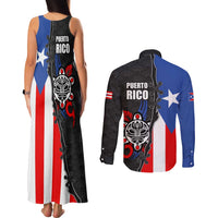 Puerto Rico Couples Matching Tank Maxi Dress and Long Sleeve Button Shirt with Tribal Sun Symbol and Flag Color Block Design