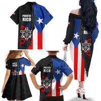 Puerto Rico Family Matching Off The Shoulder Long Sleeve Dress and Hawaiian Shirt with Tribal Sun Symbol and Flag Color Block Design