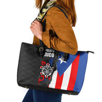 Puerto Rico Leather Tote Bag with Tribal Sun Symbol and Flag Color Block Design